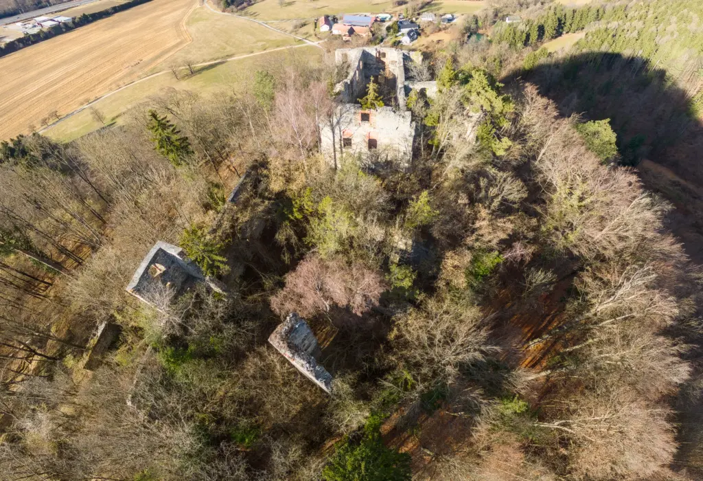 Luftbild der Burgruine Pfannberg bei Frohleiten (STMK, AT) im Jahr 2024. 