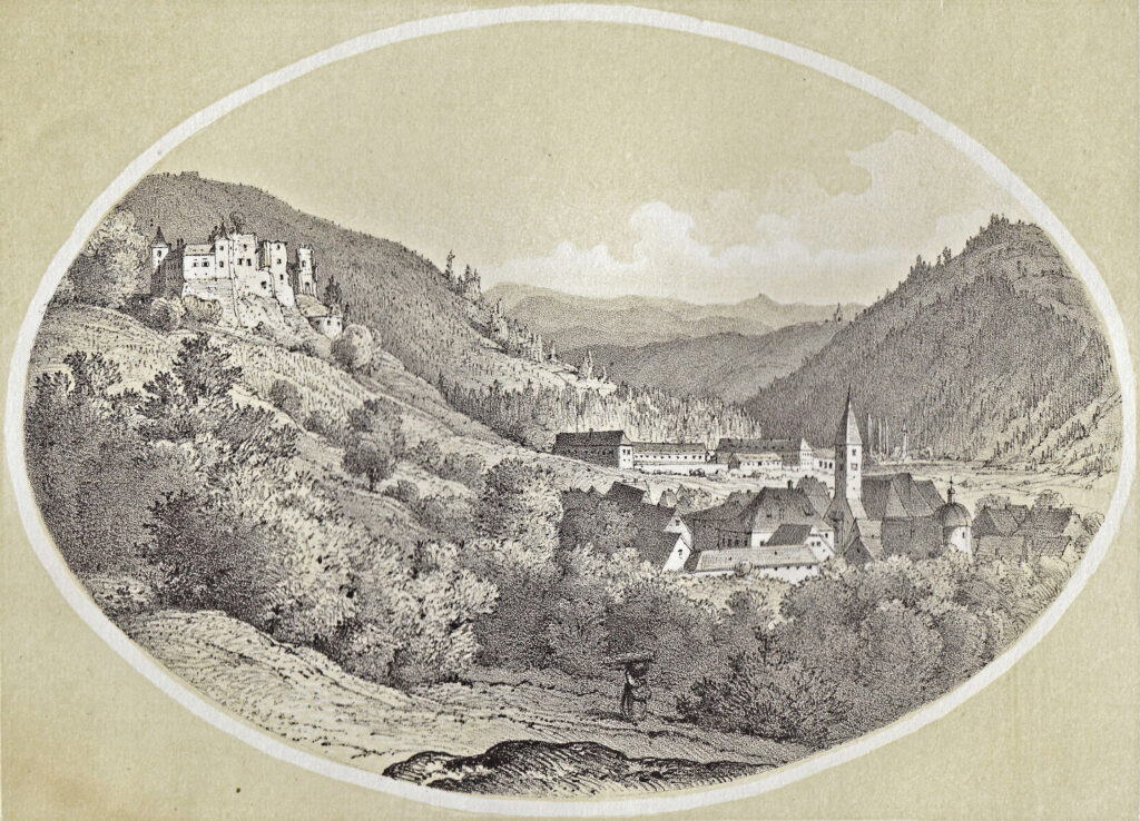 Lithographie Burgruine Ligist um 1880