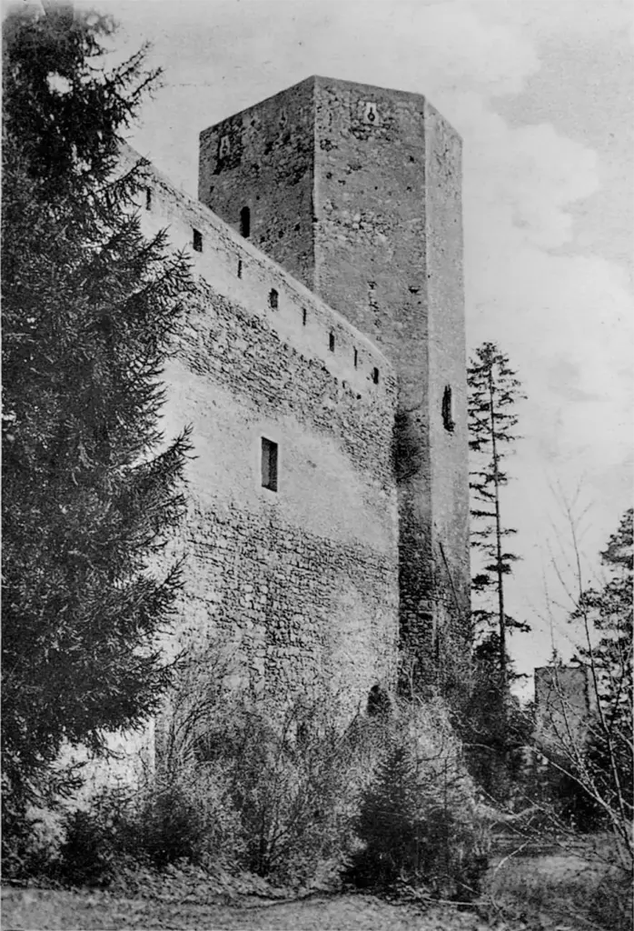 Siebeneckiger Bergfried der Ruine auf einer Postkarte um 1911. 
