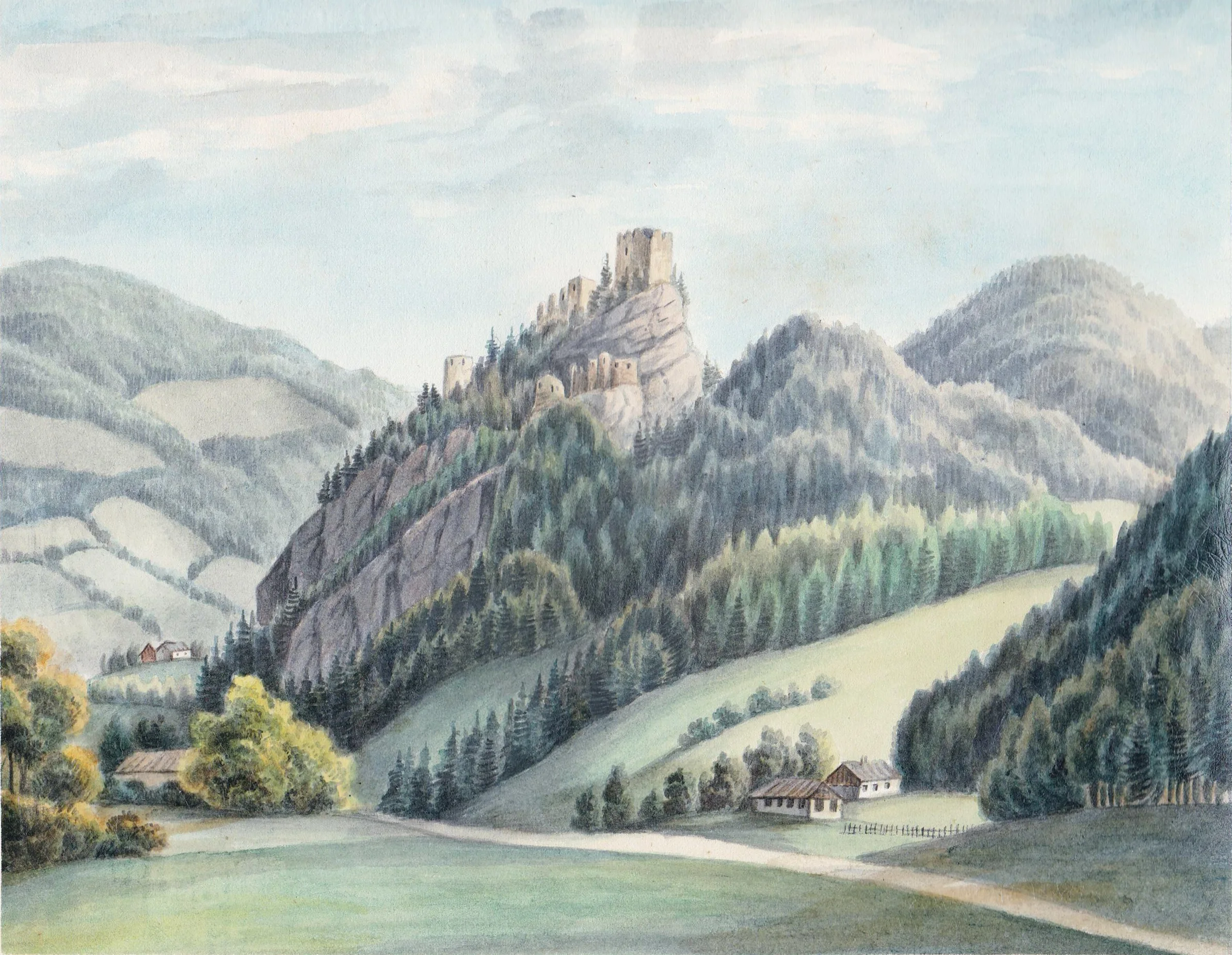 Aquarell der Ruine Eppenstein nach Wilhelm Leifer um 1850