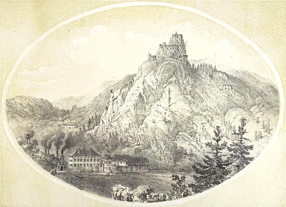 Burgruine Eppenstein auf einer Lithographie aus 1863
