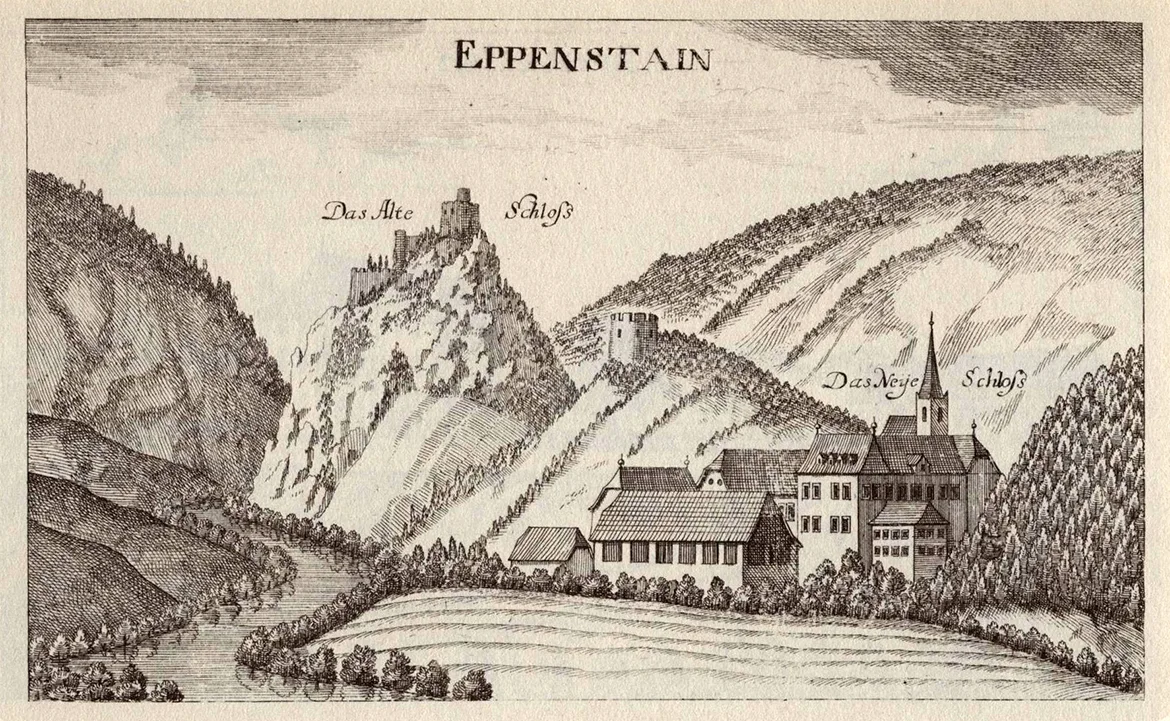 Lithografie der Burgruine Eppenstein nach Georg Matthäus Vischer um 1680