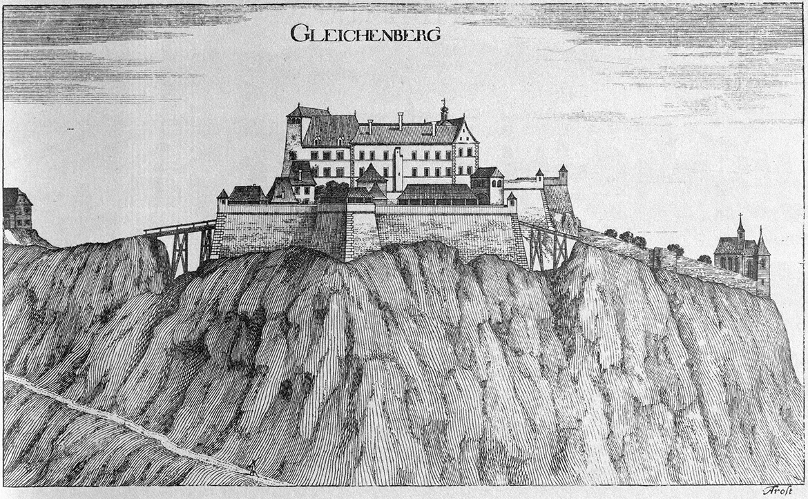 Lithografie des Schlosses Gleichenberg nach Georg Matthäus Vischer um 1680