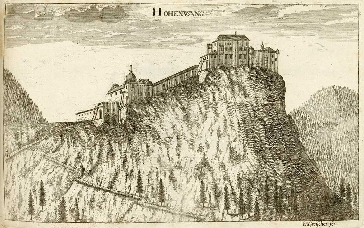 Lithographie der Burg Hohenwang nach Georg Matthäus Vischer um 1680