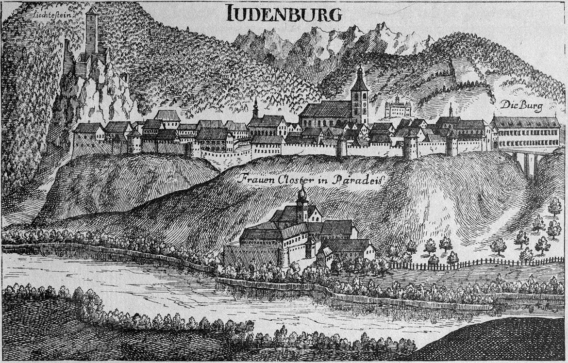 Kupferstich: Judenburg nach Georg Mettäus Vischer um 1680. Links im Hintergrund die Ruine Liechtenstein.