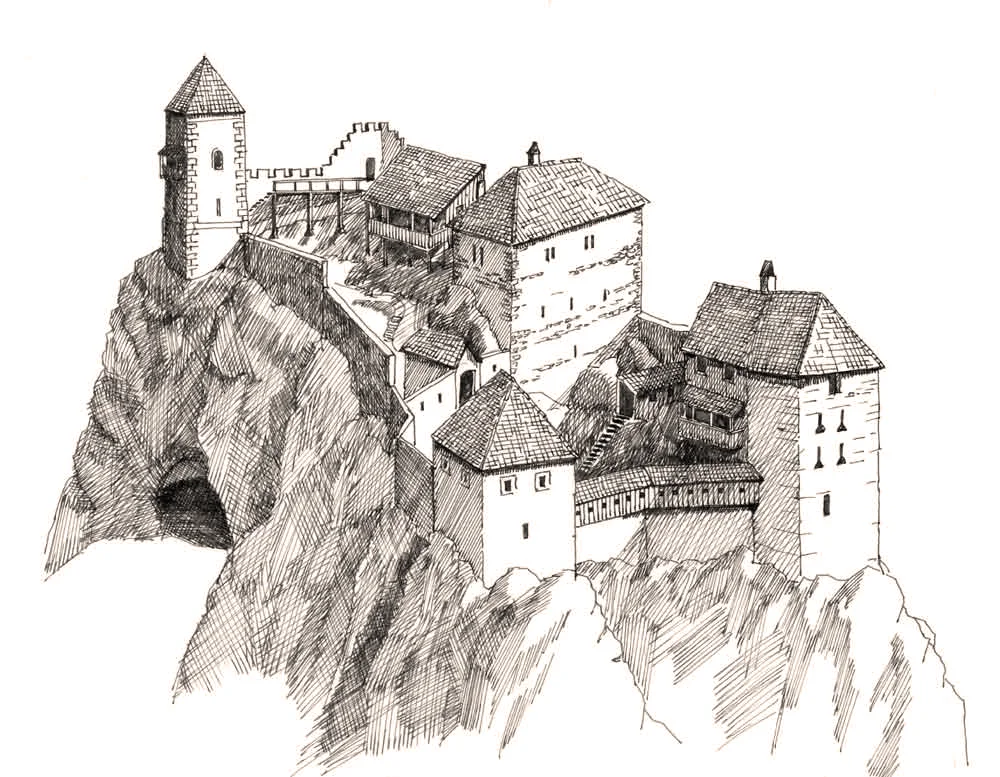 Rekonstruktionszeichnung der Burg Kammerstein um 1450 von Martin Aigner.