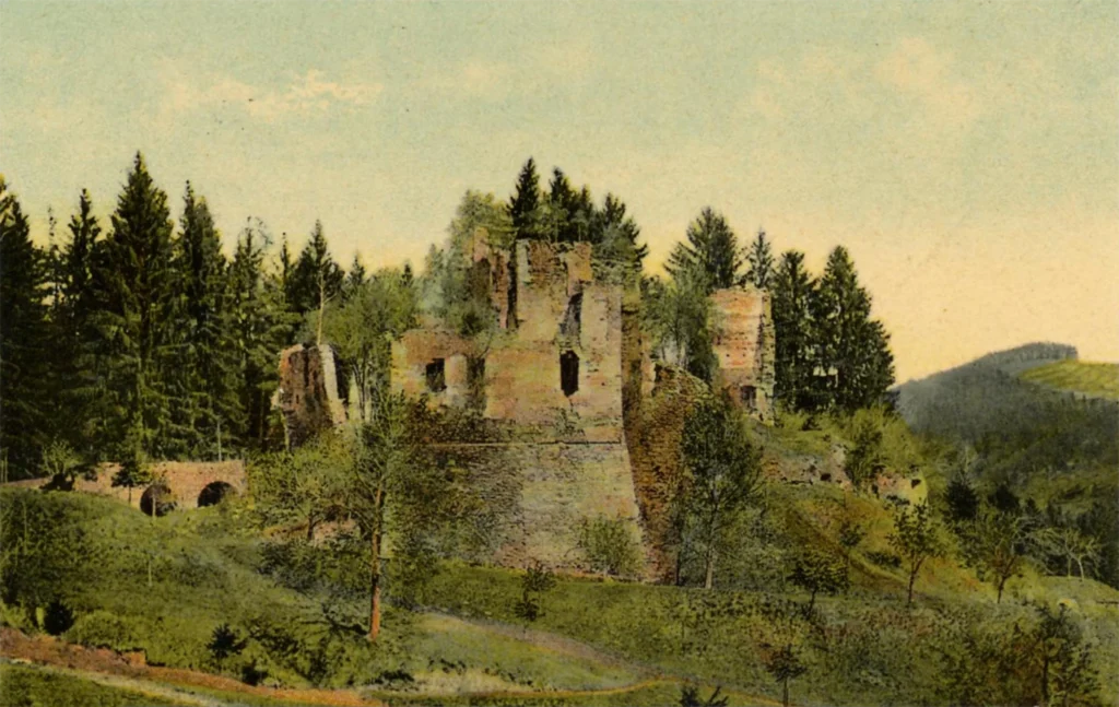 Burgruine Ligist. Kolorierte Postkarte um 1908