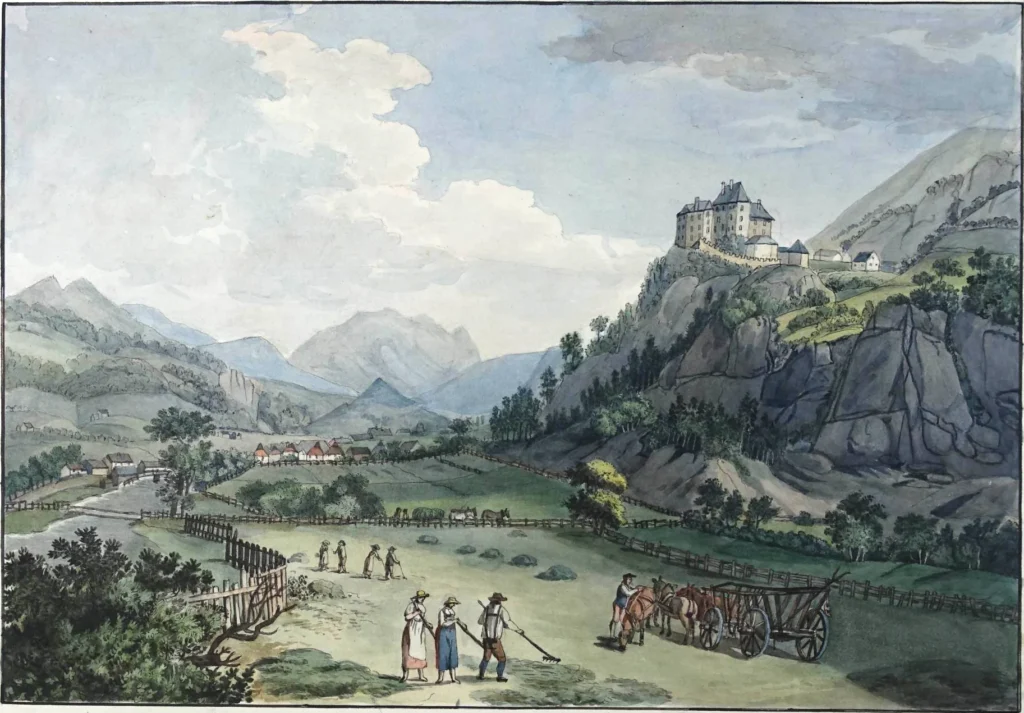 Burg Katsch in der Staiermark auf einem Aquarall von 1811.