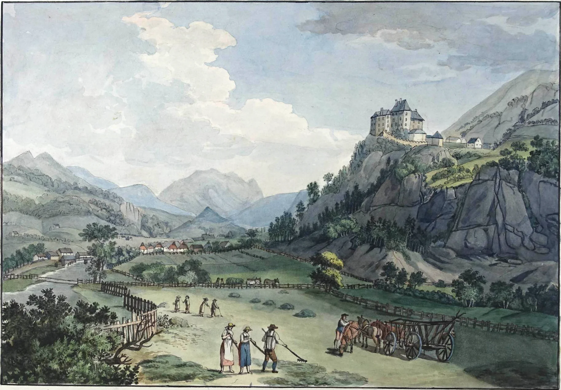 Burg Katsch in der Staiermark auf einem Aquarall von 1811.