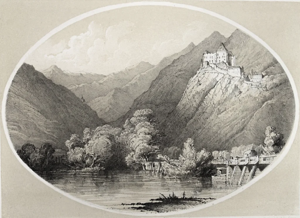 Burgruine Katsch 1864 auf einer Lithographie