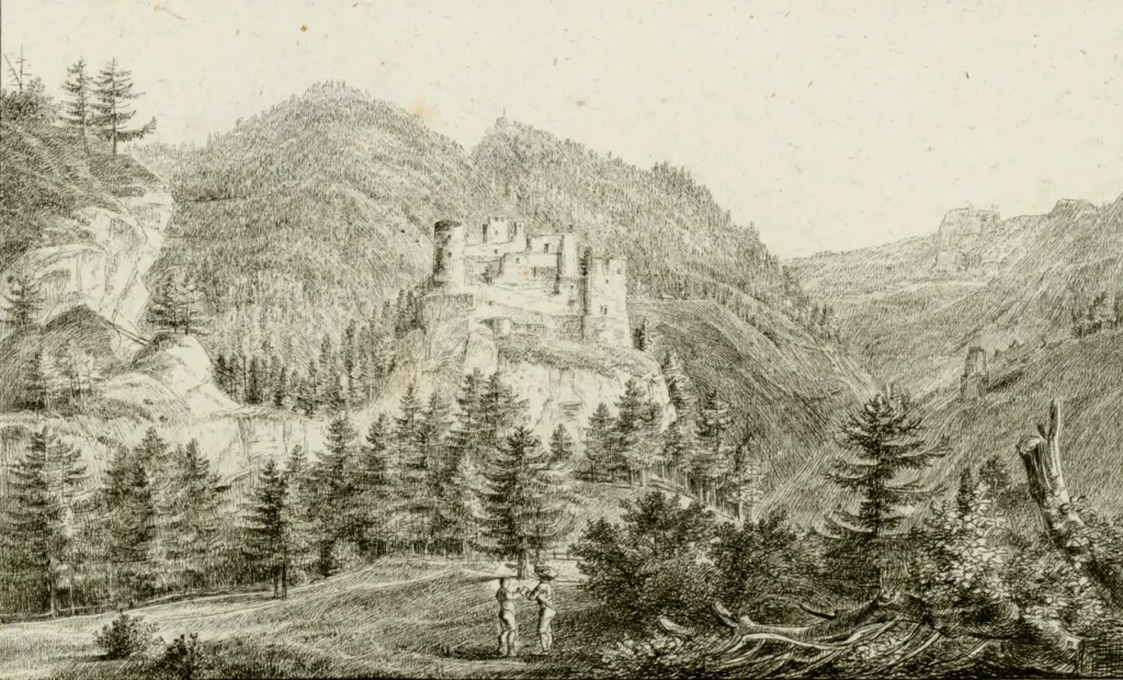 Lithographie um 1830 der Ruine Kammerstein im Liesingtal