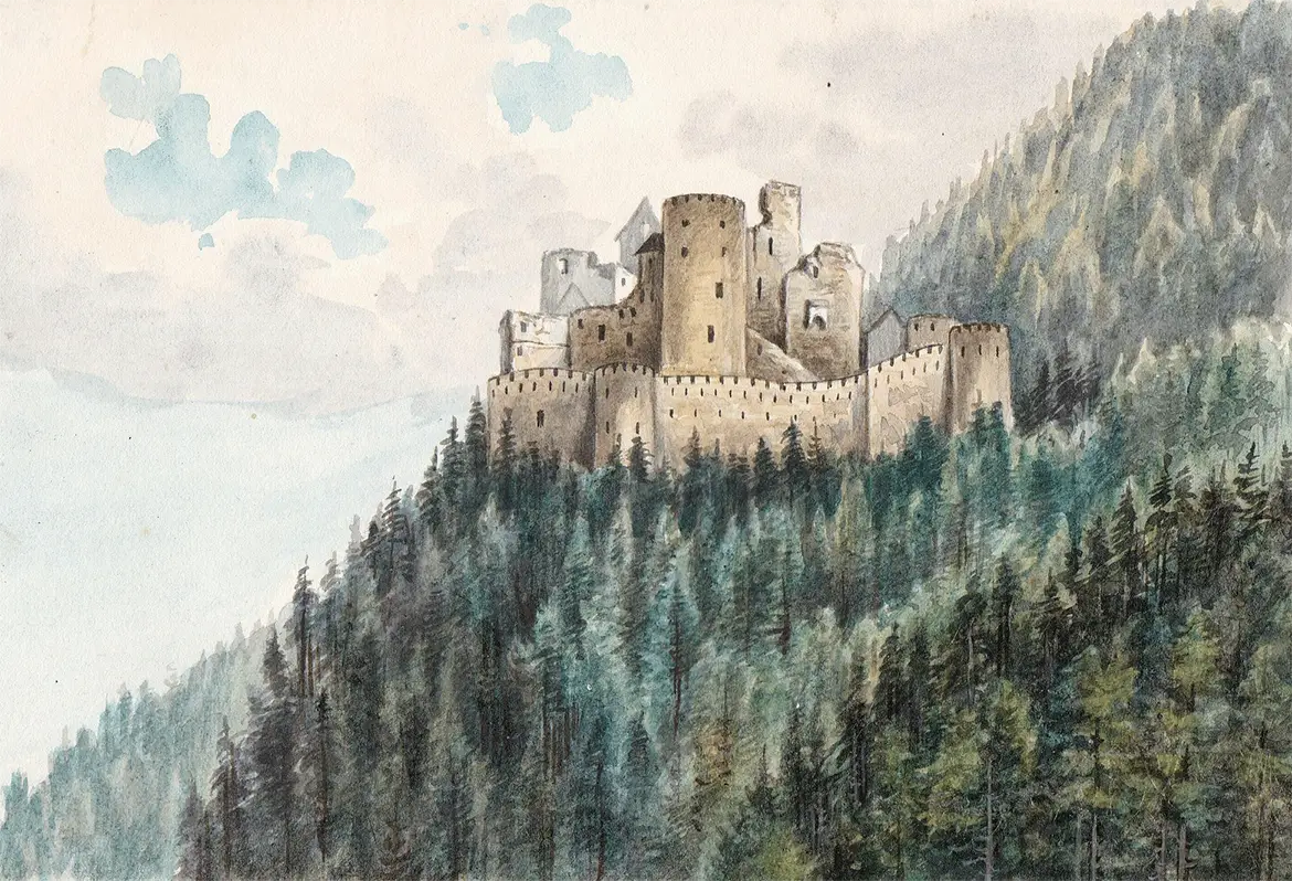 Aquarell der Ruine Reifenstein (Westansicht) von Wilhelm Leifer um 1850.
