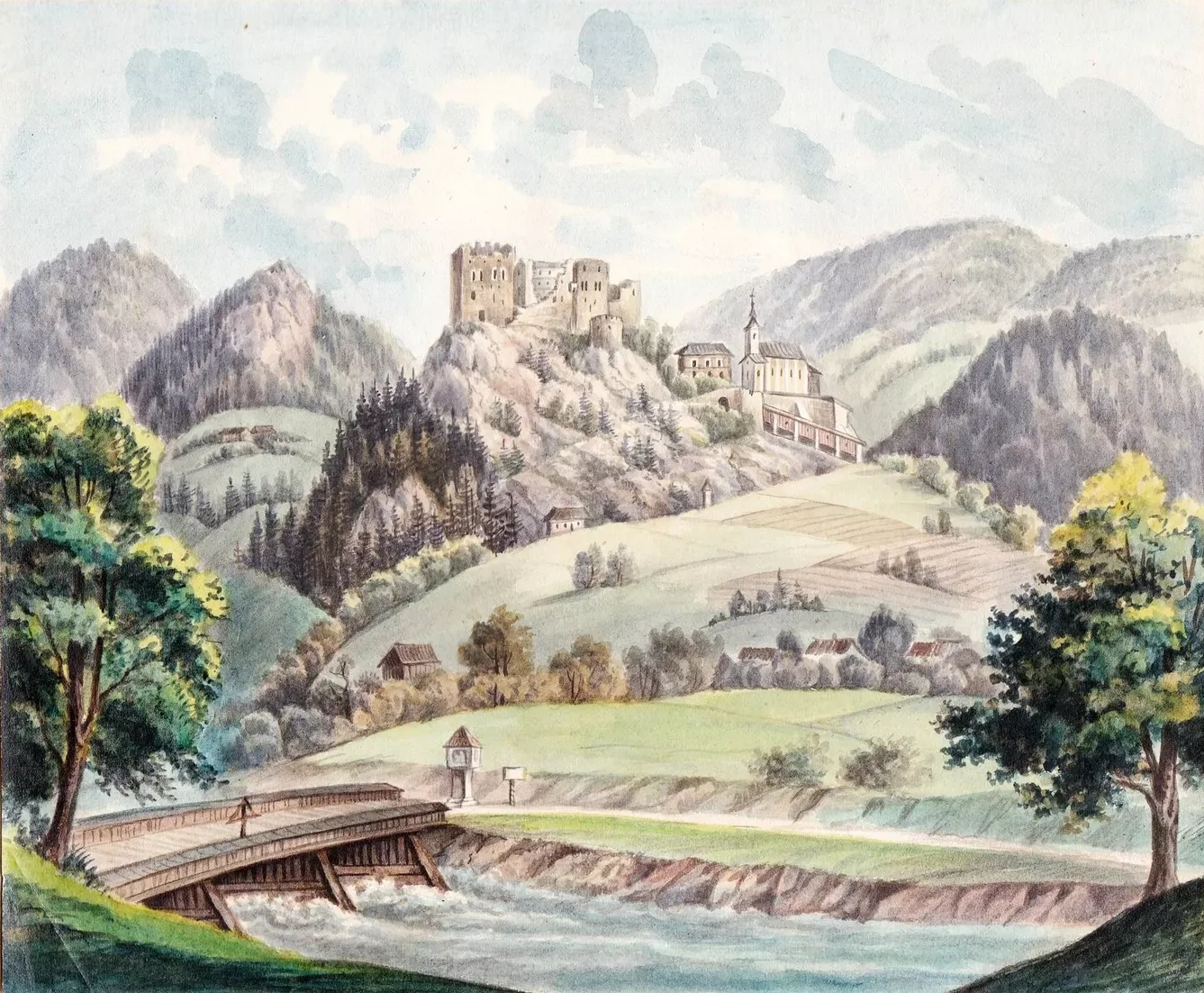 Aquarell der Frauenburg nach Wilhelm Leifer um 1850.