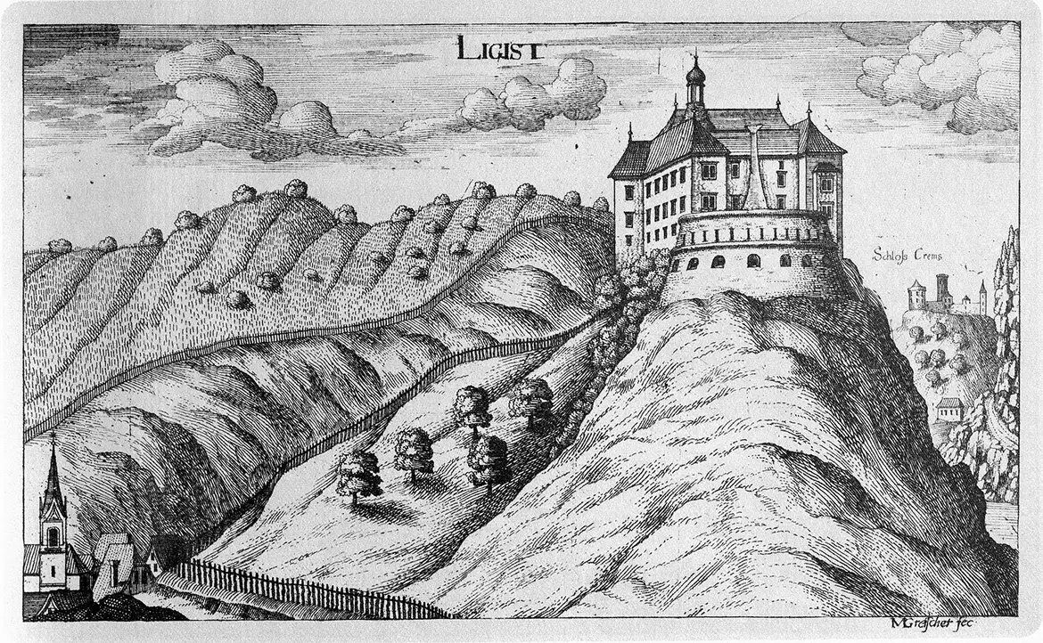 Burg Lubgast um 1680 nach Vischer. Kupferstich.
