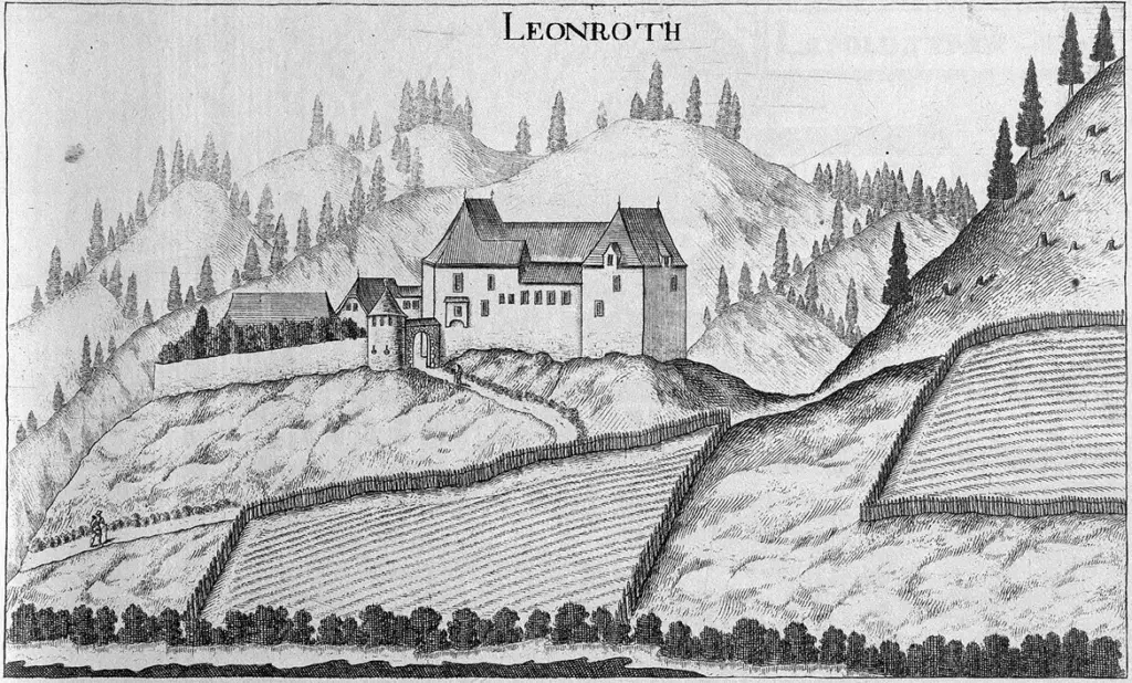 Burg Neu-Leonroth auf einem Kupferstich nach Vischer 1680. 