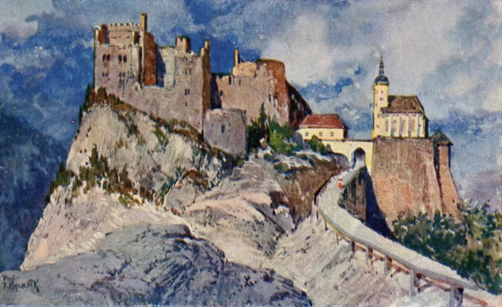 Ruine Frauenburg auf einer gemalten Postkarte um 1900. 