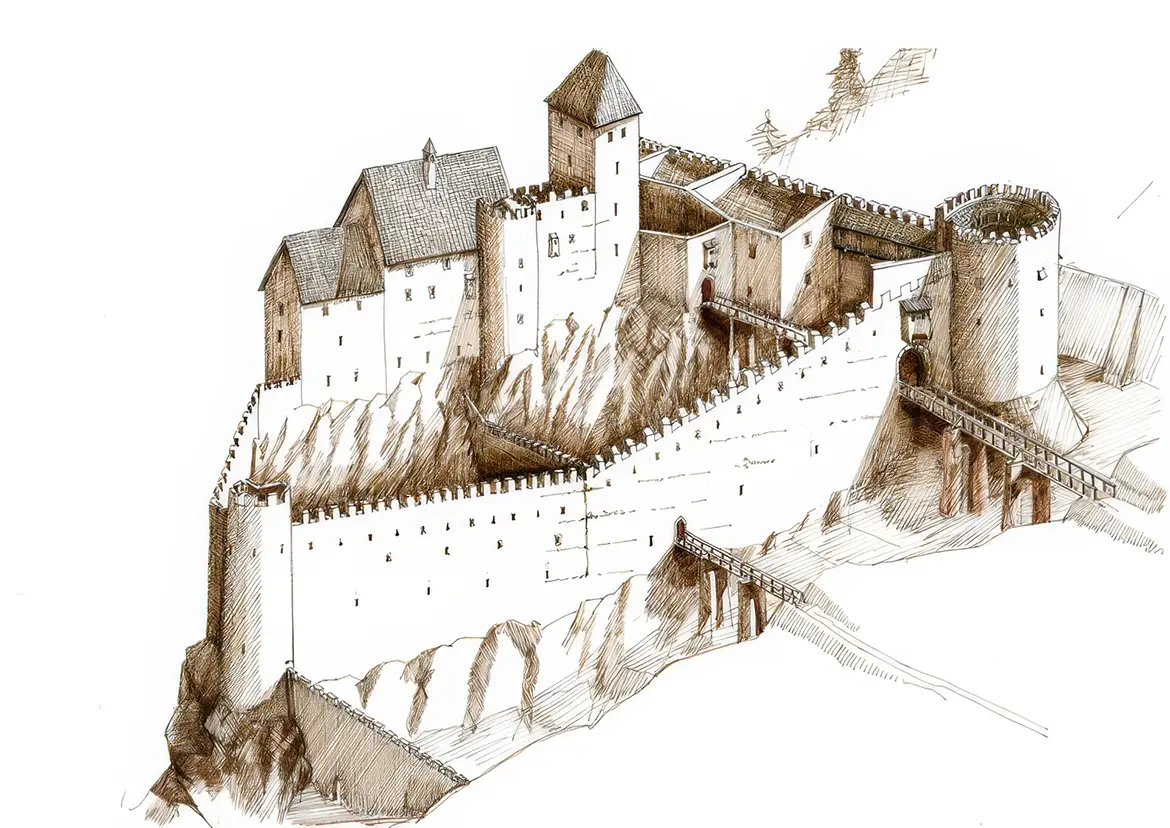 Rekonstruktionszeichnung der Burg Reifenstein um 1550 von Martin Aigner