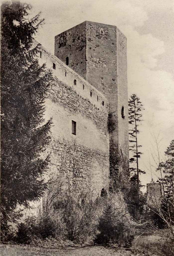 Siebeneckiger Bergfried der Ruine Pfannberg um 1911. Schwarz-weiß-Photographie. 