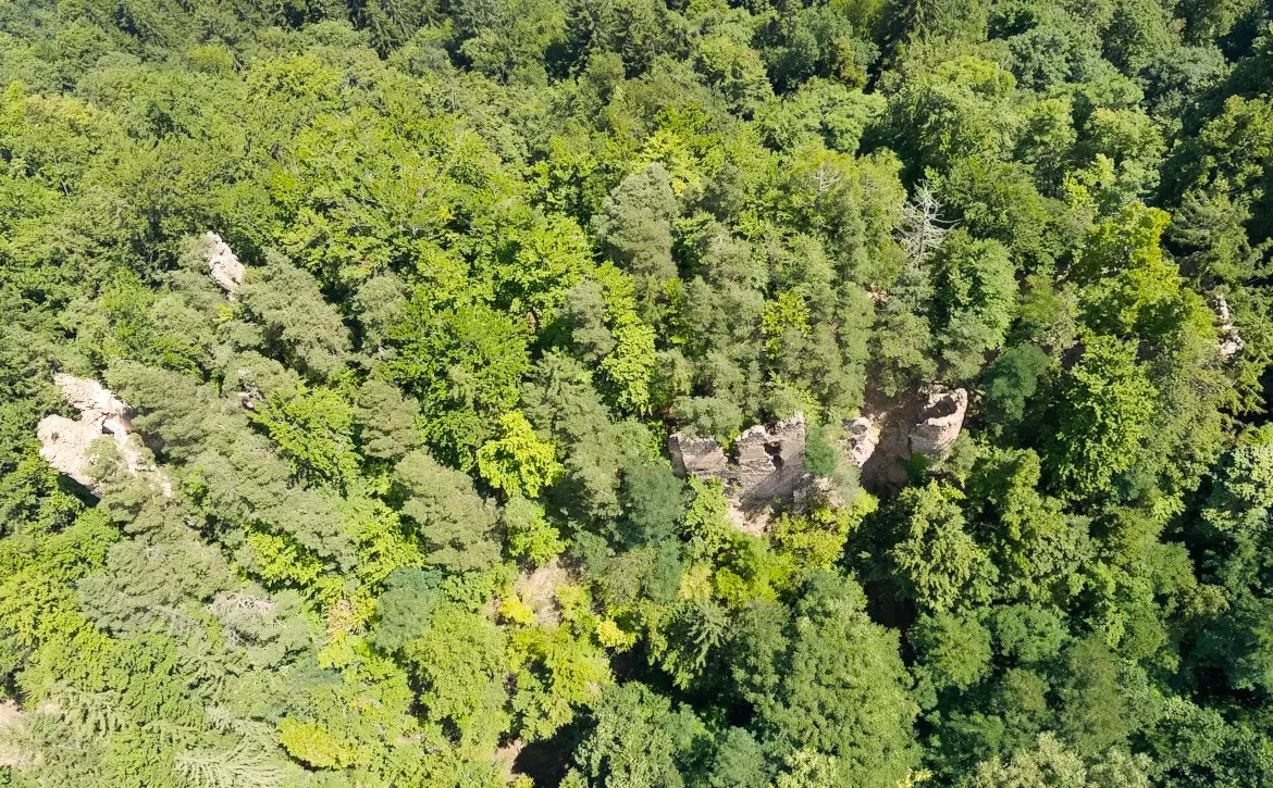 Burgruine Schmirnberg auf einem Luftbild im Jahr 2025.