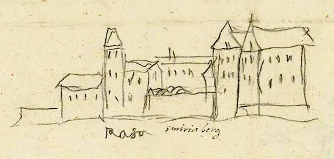 Ruine Schmirnberg (Smirinberg) nach Johannes Clobucciarich ca. um 1605. Älteste bekannte Ansicht. 
