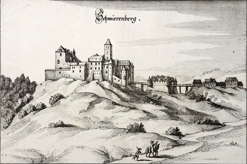 Burg Schmirnberg (Schmierenberg) nach Matthäus Merian 1649 auf einer Lithographie.