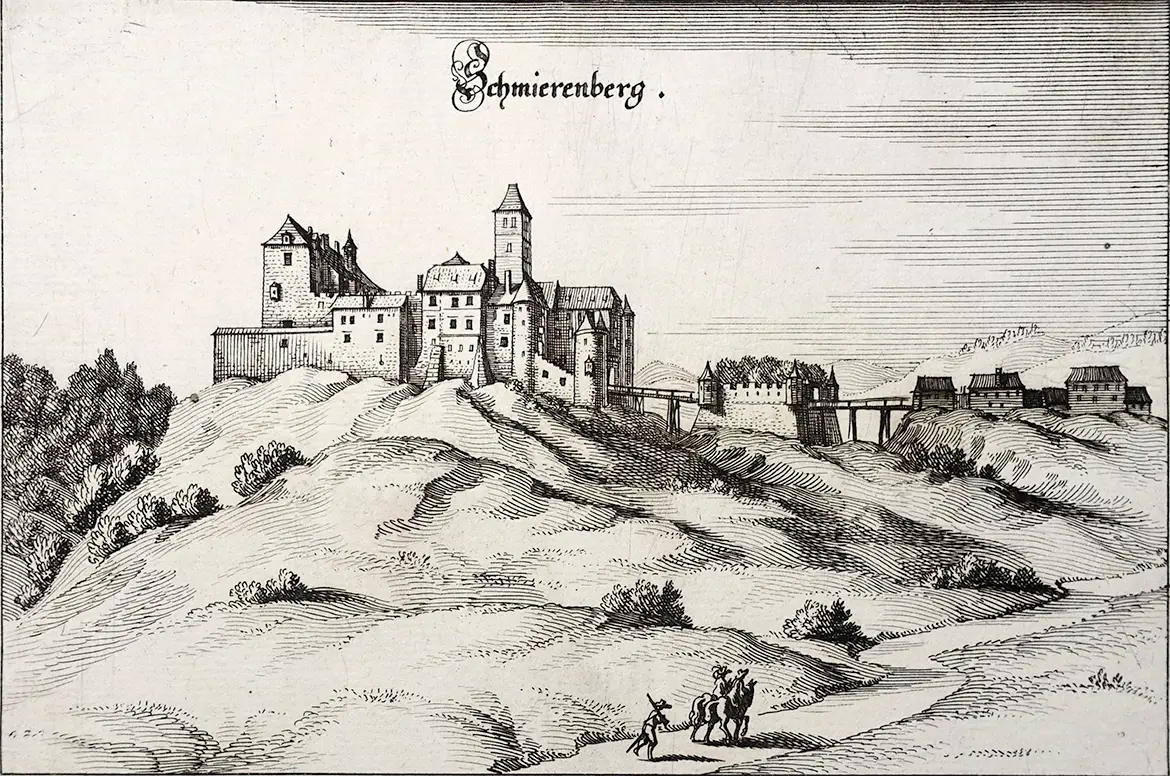 Burg Schmirnberg (Schmierenberg) nach Matthäus Merian 1649 auf einer Lithographie. 