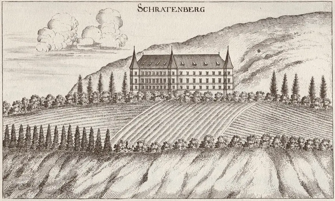 Kupferstich von Schloss Schrattenberg um 1690 von Georg Matthäus Vischer
