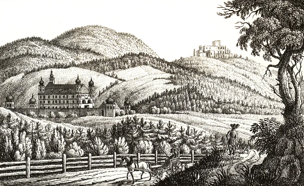 Kupferstich des Schlosses Schrattenberg um 1830