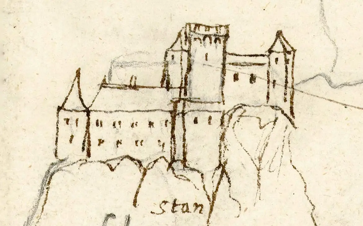 Älteste bekannte Ansicht der Burg Steinschloss um 1600 nach Johannes Clobucciarich