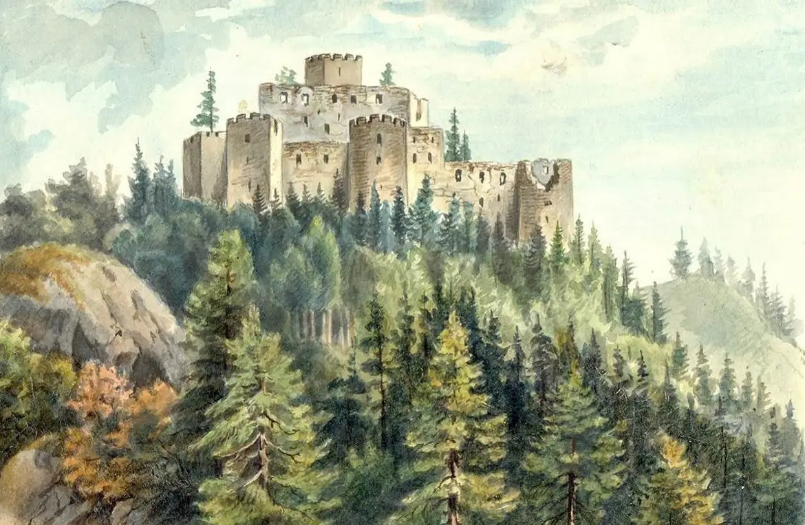 Aquarell der Ruine Steinschloss um 1850 nach Wilhelm Leifer