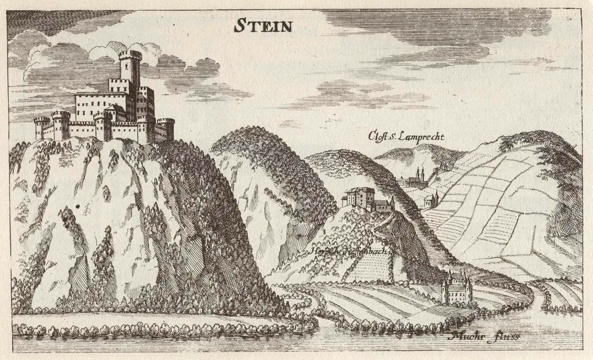 Kupferstich der Burg Steinschloss um 1680 nach Georg Matthäus Vischer in Topographia Ducatus Styriae