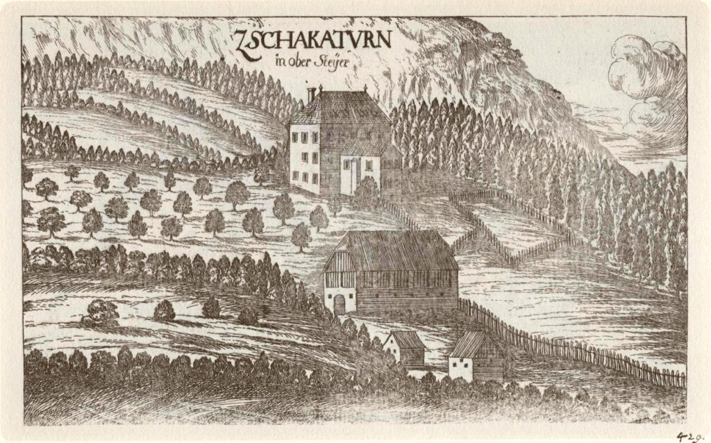 Ruine Tschakathurn auf einem Kupferstich nach Georg Matthäus Vischer um 1680