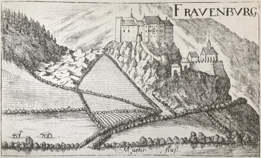 Die Frauenburg bei Unzmarkt nach Georg Matthäus Vischer auf einem Kupferstich von 1680