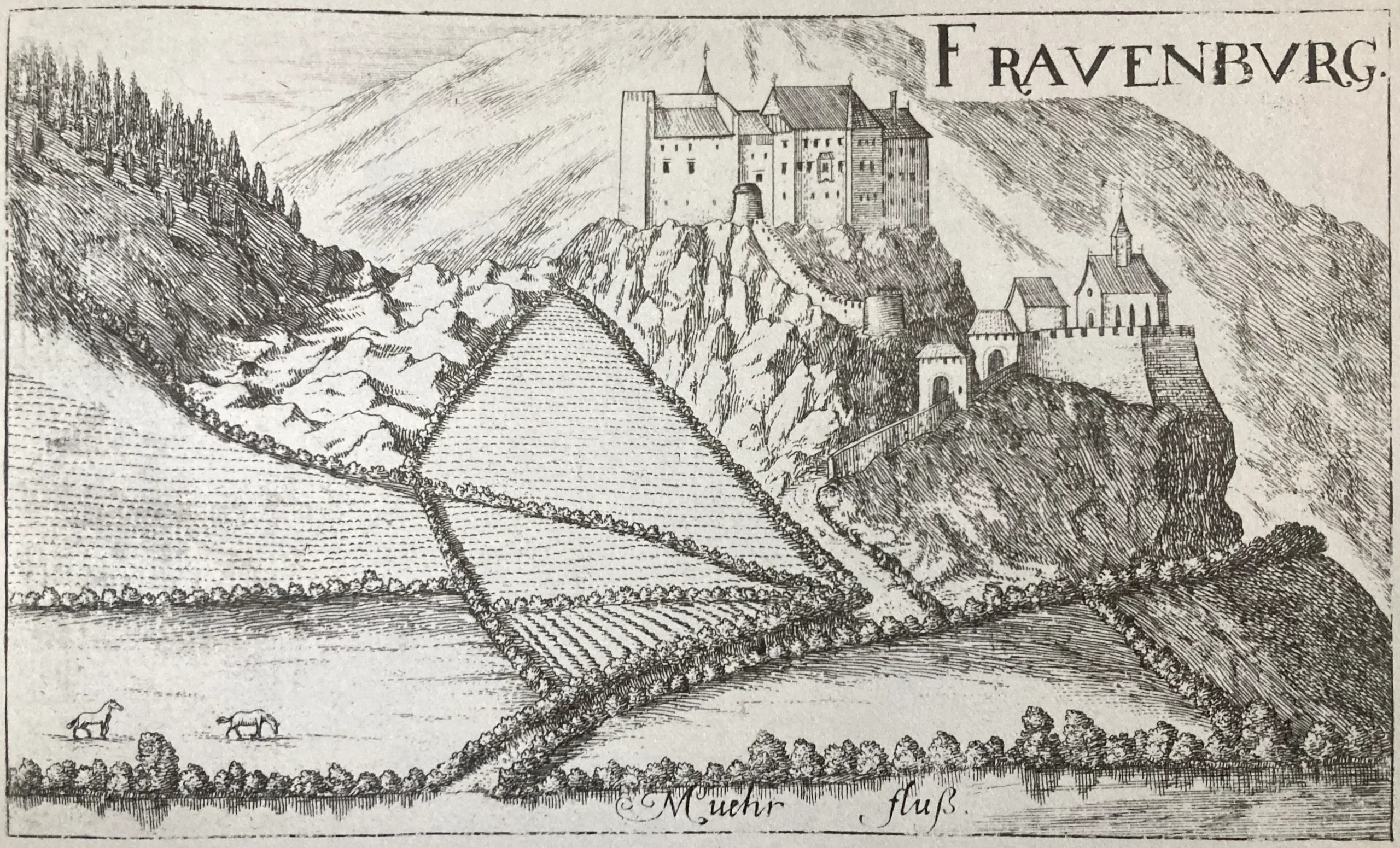 Die Frauenburg bei Unzmarkt nach Georg Matthäus Vischer auf einem Kupferstich von 1680