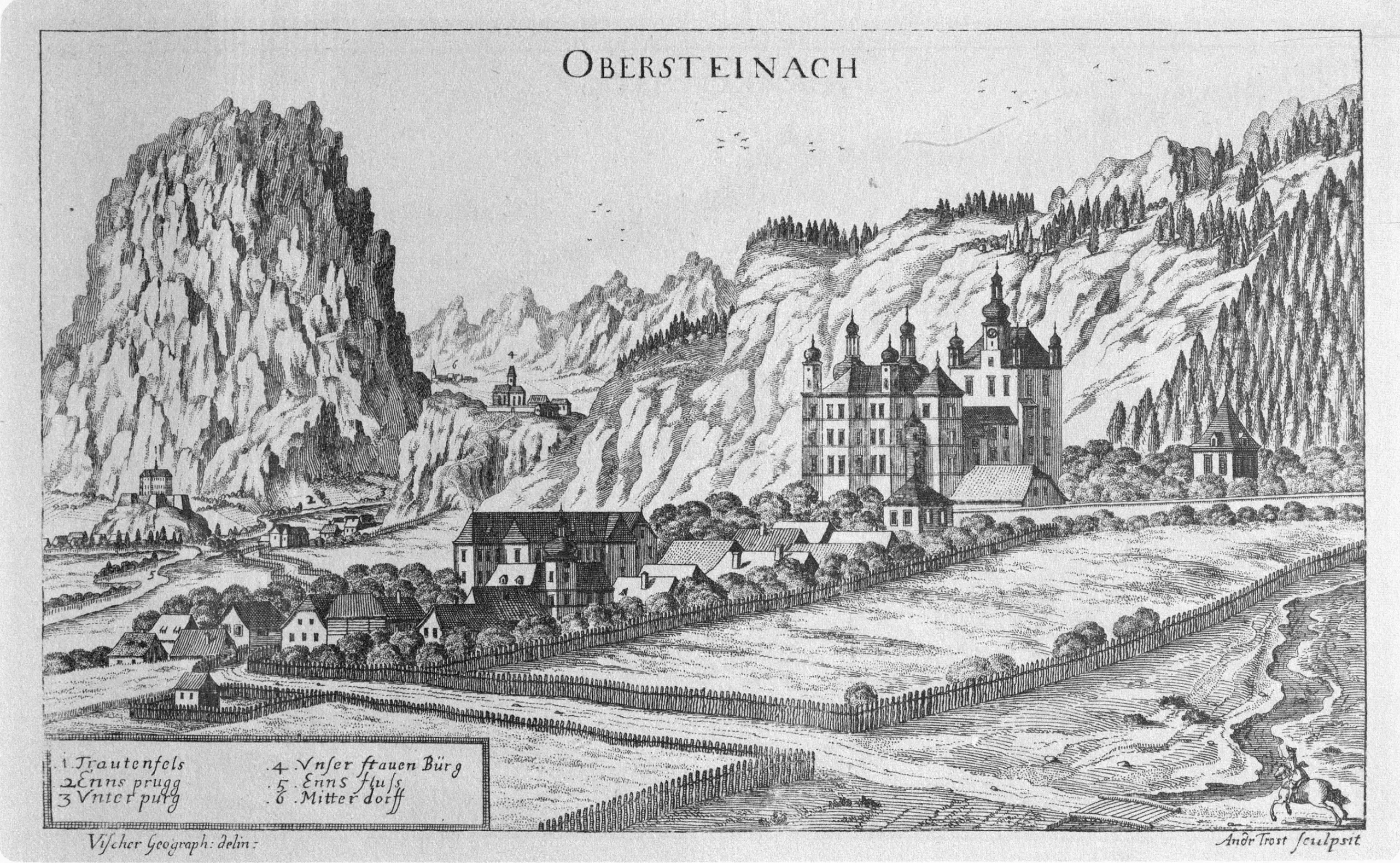 Kupferstich der Burg Oberstainach um 1680 nach Georg Matthäus Vischer