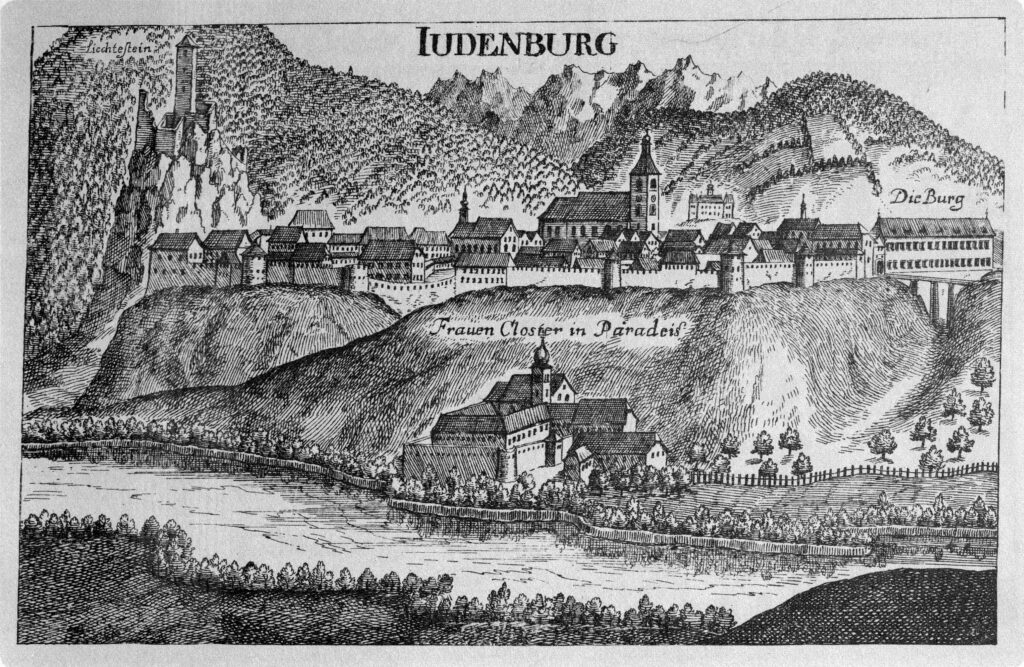 Kupferstich: Judenburg nach Georg Mettäus Vischer um 1680. Links im Hintergrund die Ruine Liechtenstein. 