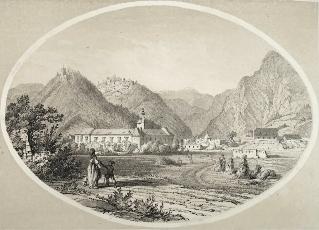 Schloss und Ruine Waldstein auf einer Lithographie um 1865