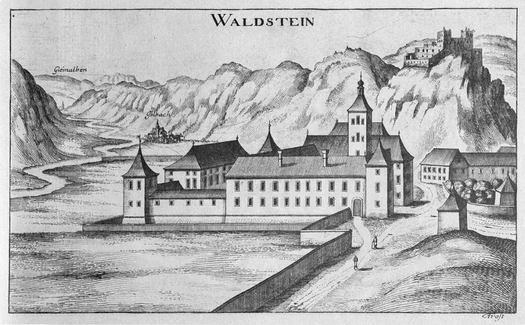 Schloss Waldstein und Ruine Waldstein nach Georg Matthäus Vischer um 1680