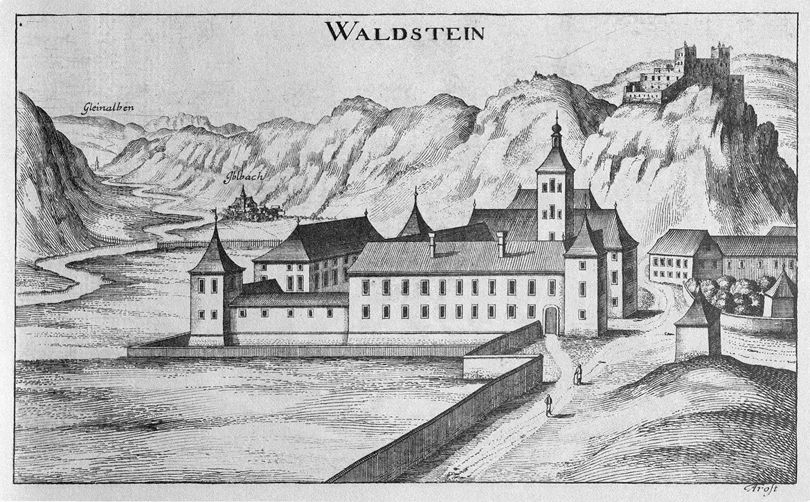Schloss Waldstein und Ruine Waldstein nach Georg Matthäus Vischer um 1680