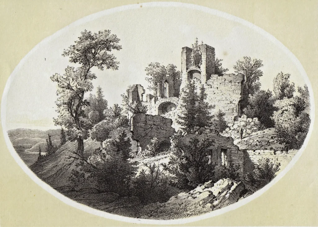 Burg-Ruine Neu-Wildon auf einer Lithographie aus dem Jahr 1830