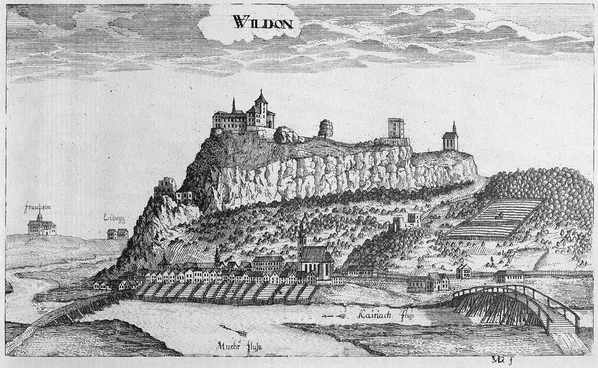 Kupferstich der Burgen auf dem Wildonerberg um 1680.