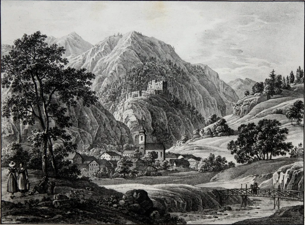 Burgruine Wolkenstein um 1830 aus Lithographie aus Adolph KUNIKE, Malerische Ansichten von Österreich, Steyermark, Kärnten, Krain, Salzburg und Tyrol