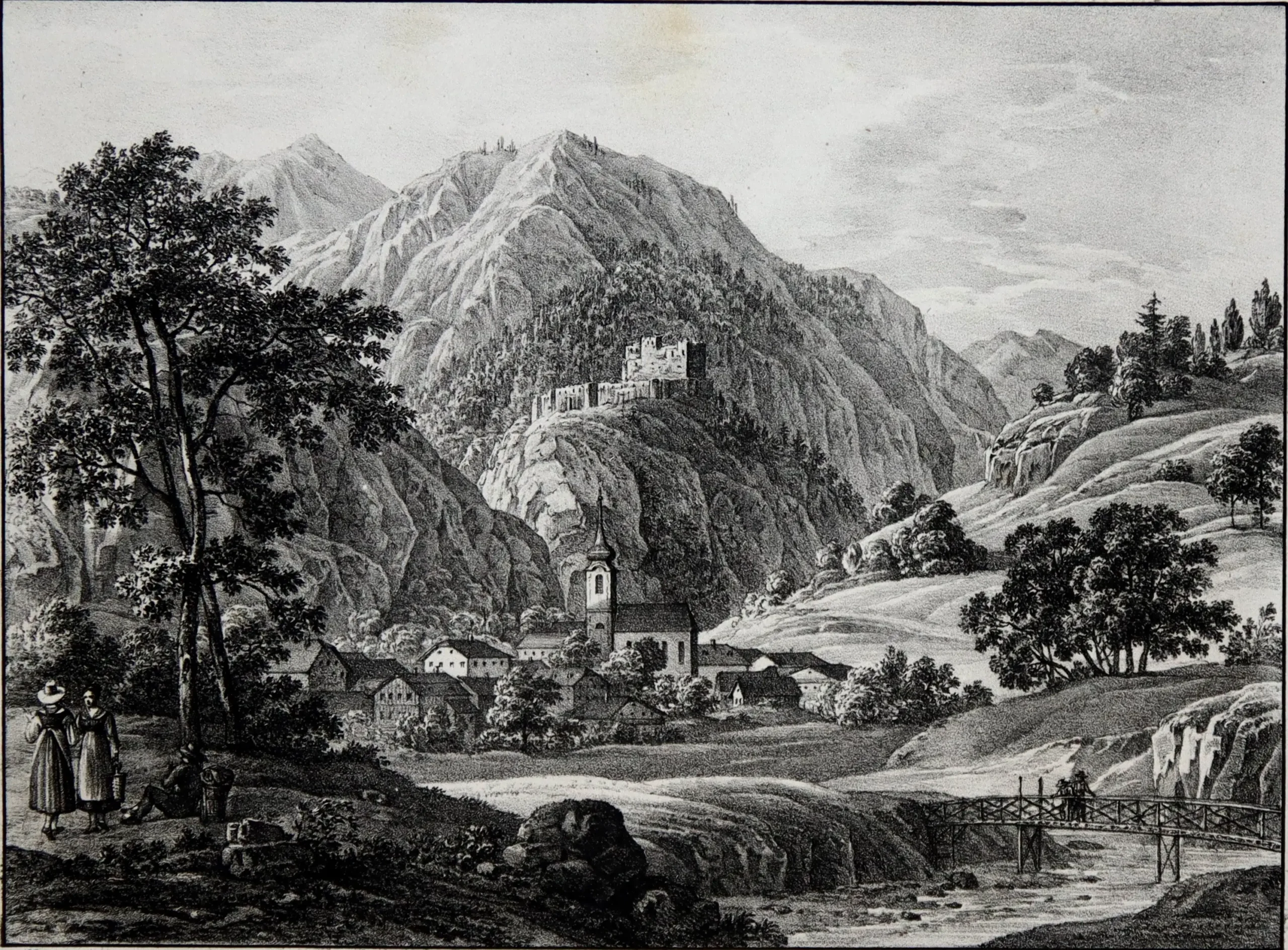 Burgruine Wolkenstein um 1830 aus Lithographie aus Adolph KUNIKE, Malerische Ansichten von Österreich, Steyermark, Kärnten, Krain, Salzburg und Tyrol