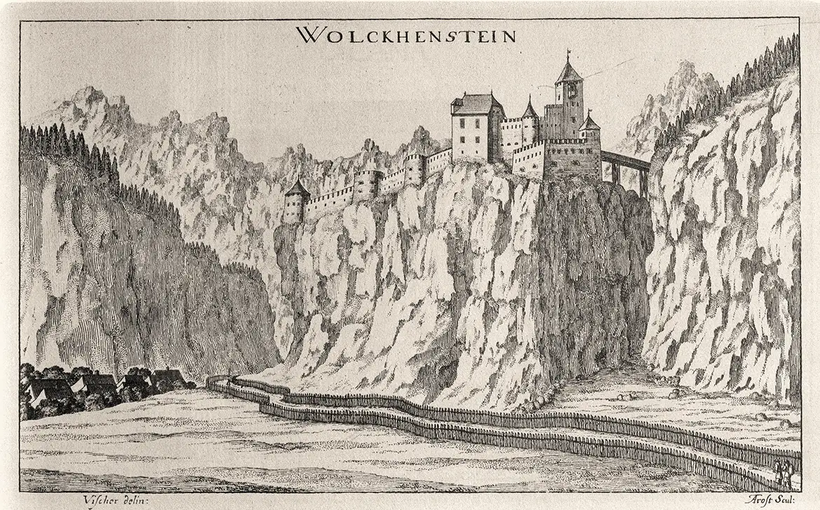 Burg Wolkenstein 1680 nach Georg Matthäus Vischer als Lithographie